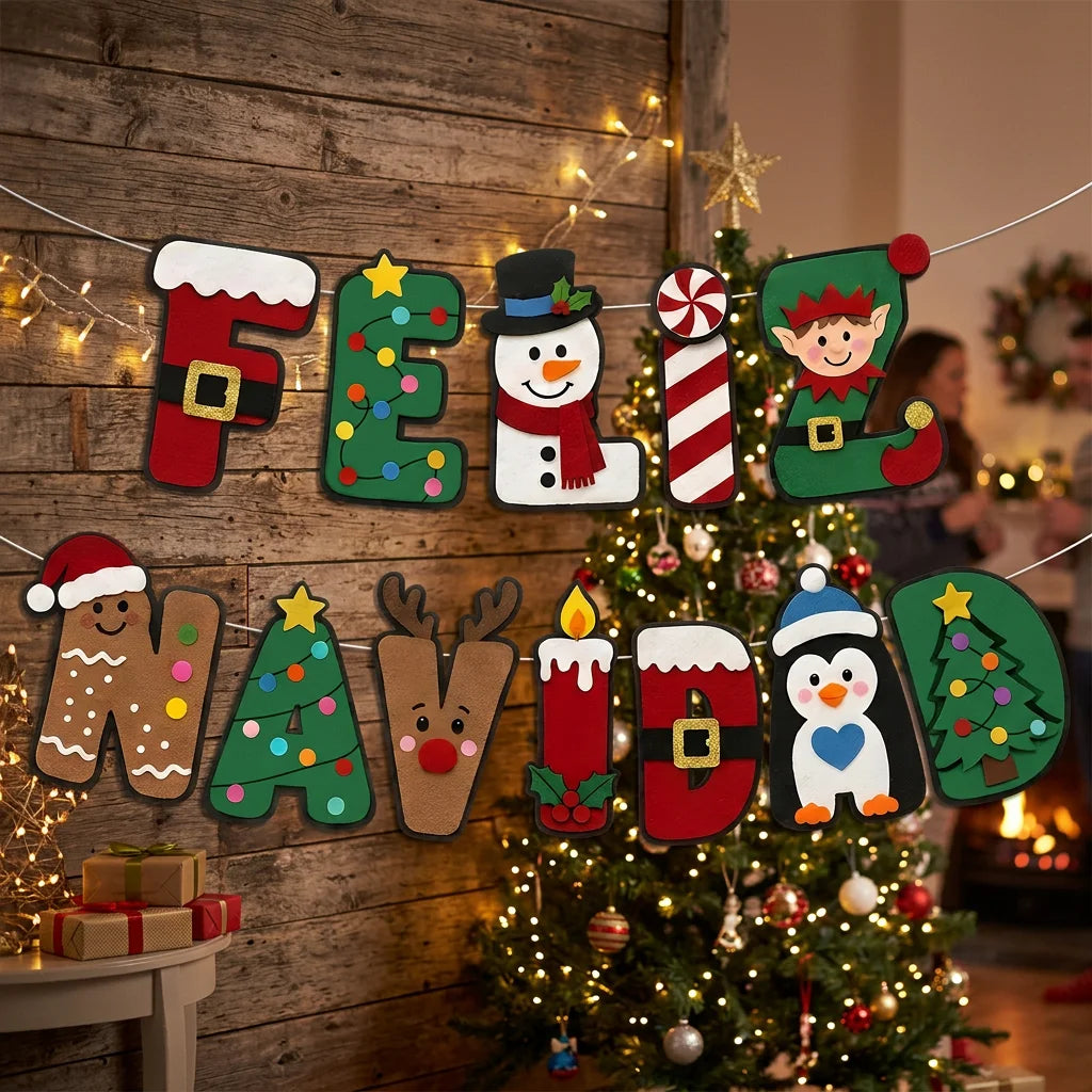 Felt Feliz Navidad Banner Spanish Christmas Letter Garland Snowman Elf Penguin Xmas Wall Hanging Decor for Home Fireplace Party