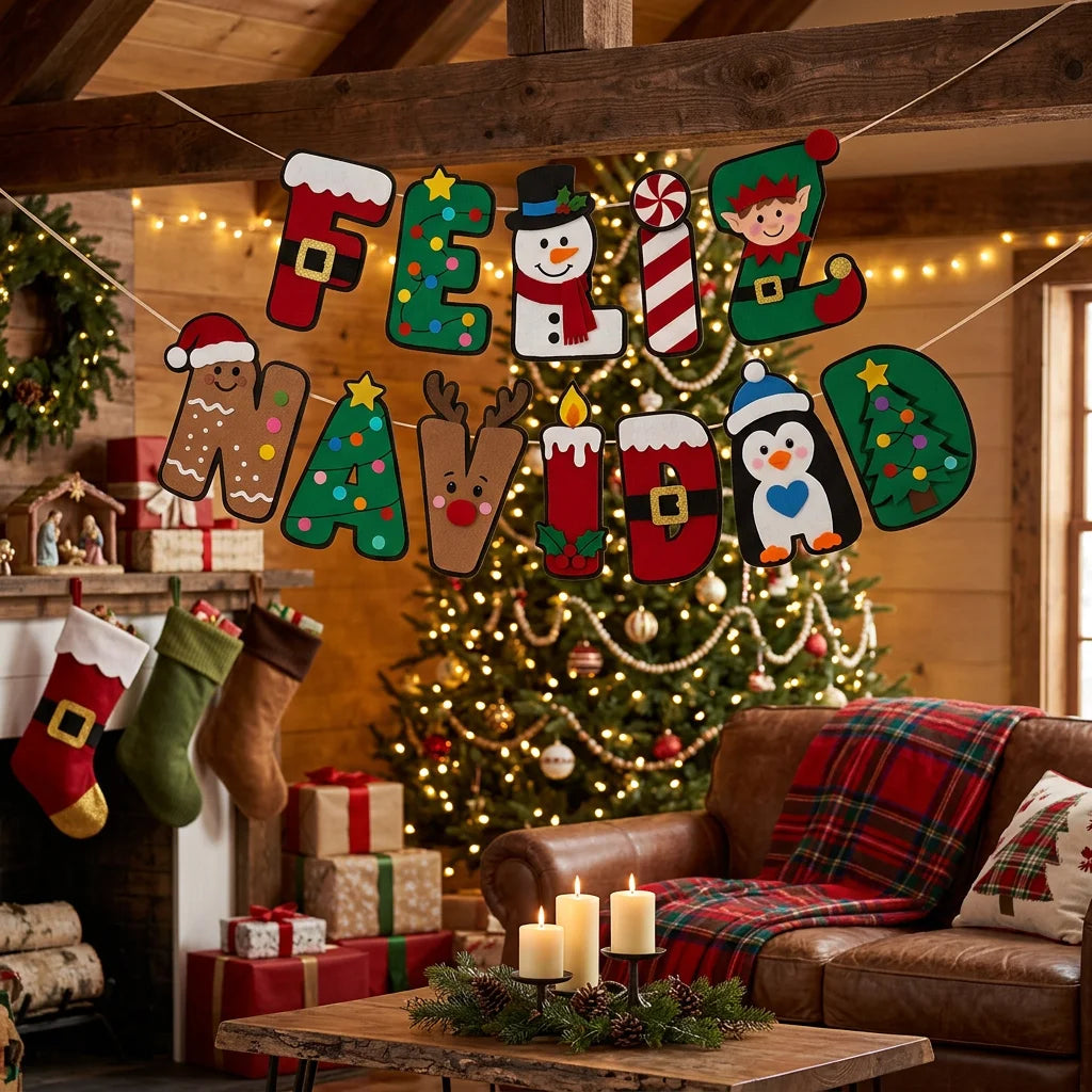 Felt Feliz Navidad Banner Spanish Christmas Letter Garland Snowman Elf Penguin Xmas Wall Hanging Decor for Home Fireplace Party